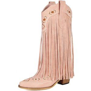 ⚡Women's Pink Embroidered Fringe Pull On Mid Calf Block Chunky Heel Pointed Toe